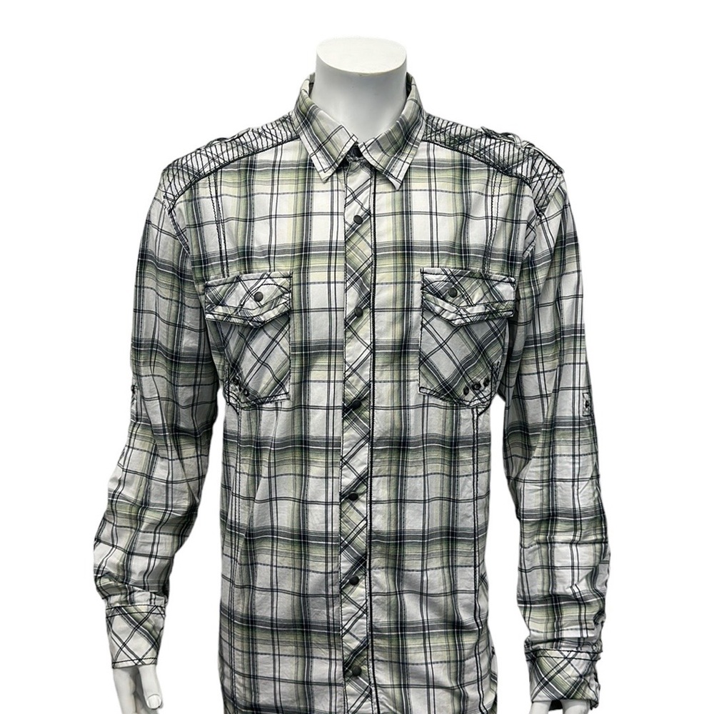BKE Buckle Black Green White Distressed Industrial Western Shirt Athletic Fit XL